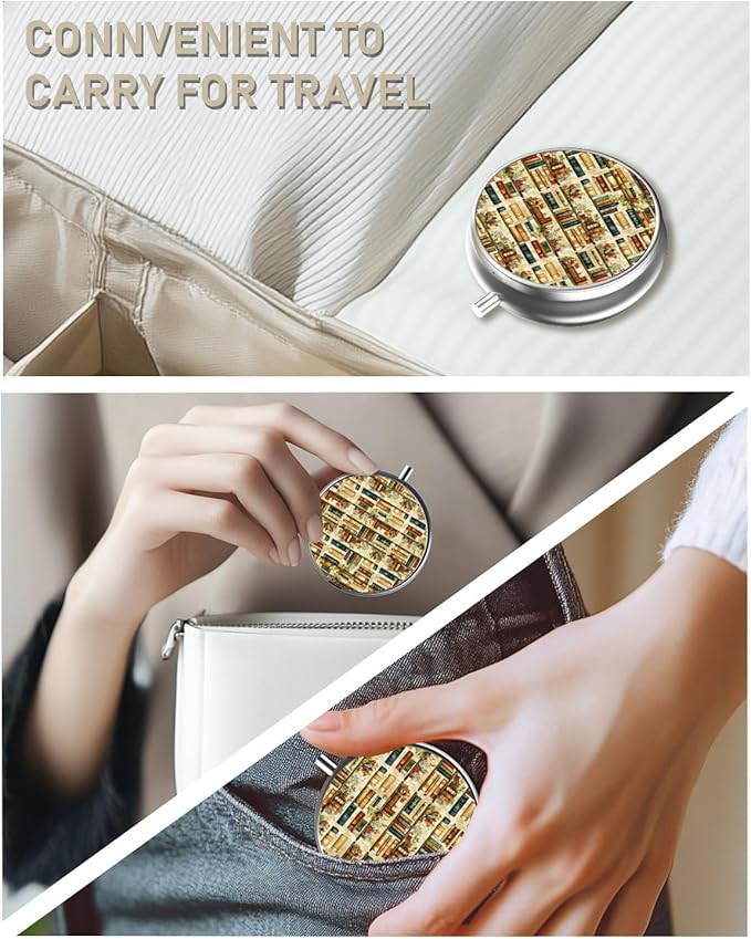 Pill Box, 3 Compartment Portable Travel Medicine Box with Mirror, Compact and Cute, Fits in Purse and Pocket, Medicine and Vitamin Organizer (Bookshelf)