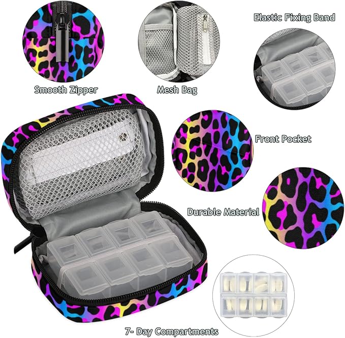 Rainbow Leopard Cheetah Skin Pill Organizer - 7 Day Weekly Medicine Box, Compact Size, Vitamin Container, Portable Pill Holder Bag with Zipper