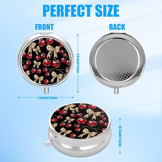Leopard Bow Cherry Pill Case, Pill Box 3 Compartments Metal Small Pill Holder with Mirror Mini Travel Pill Container for Purse Pocket Women Men