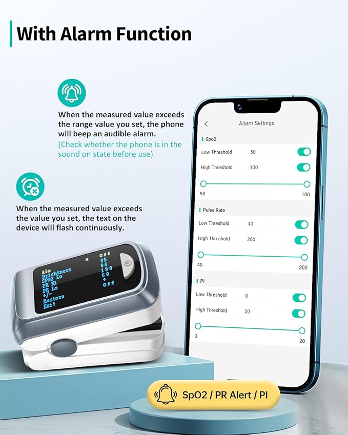 Pulse Oximeter HealthTree Oxygen Monitor Fingertip, Bluetooth Pulse Ox with Free APP, O2 Pulse Oximeter Finger and Heart Rate Monitor, 2 X AAA Batteries, Lanyard
