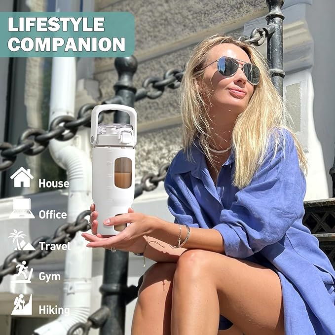 BLUEGO 32oz Glass Water Bottle with Handle and Straw|Leakproof Sports Glass Bottle with Time Marker and Silicone Sleeve|Glass Drinking Bottle for Travel, Gym, Workout, White