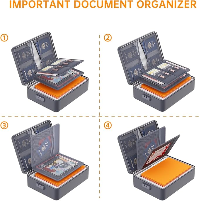 DocSafe 5200°F Document Organizer with Lock,Upgraded Heat Insulated Fireproof＆Waterproof Box 8 Layers File Organizer,Portable Home Travel Safe Storage for Important Documents, Files,Gray (Soft)