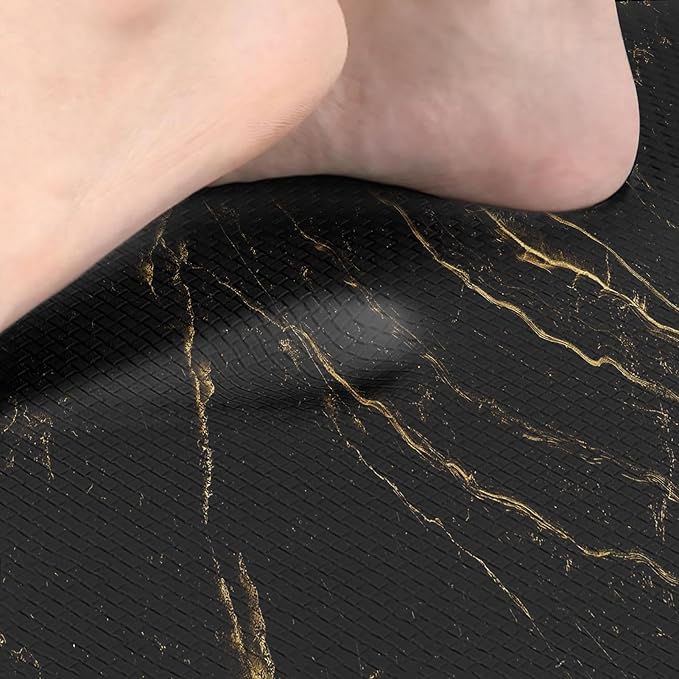 Arttown Marble Anti-Fatigue Kitchen Rug Set of 2 Black Gold Abstract Modern Cushioned Floor Mat, Standing Waterproof Non-Slip Kitchen Mat and PVC Ergonomic Comfort Foam Rug