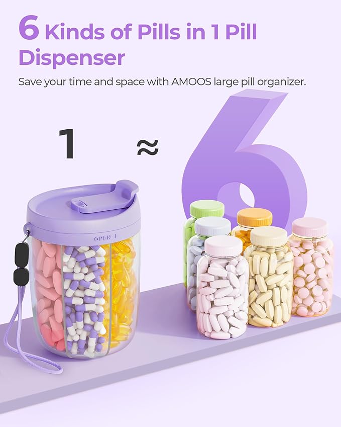 Large Pill Dispenser with 6 Compartments, Anti-Mix Pill Bottle Organizer with Wide Opening & Easy Retrieval, Vitamin Organizer for Travel, BPA-Free Pill Box with a Strap, Purple