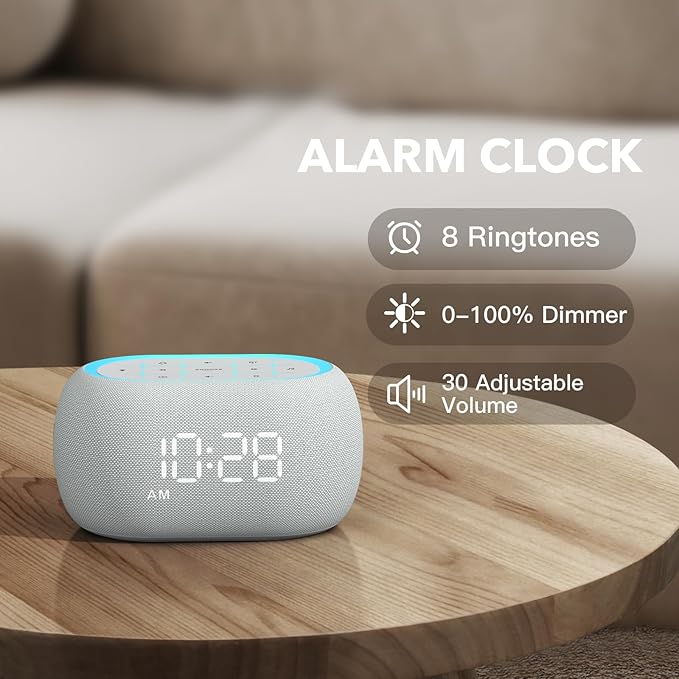 ANJANK White Noise Sound Machine Alarm Clock with Bluetooth Speaker, 21 Relaxing Sounds, 7 Night Lights,0-100% Dimmer/Sleep Timer/30-Level Volume Control,Sound Machine for Kids Adults Sleeping,Bedroom
