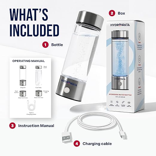 HydroWata Portable Hydrogen Water Bottle – 14oz (420ml) Hydrogen Water Generator with SPE PEM Technology, Rechargeable Water Ionizer for Daily Hydration, Travel, Office & Fitness