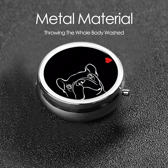 French Bulldog Dog Printed Round Travel Pill Box Cute Small Metal Pocket Pill Case for Men & Women 3 Compartment Portable Pill Organizer for Purse or Pocket