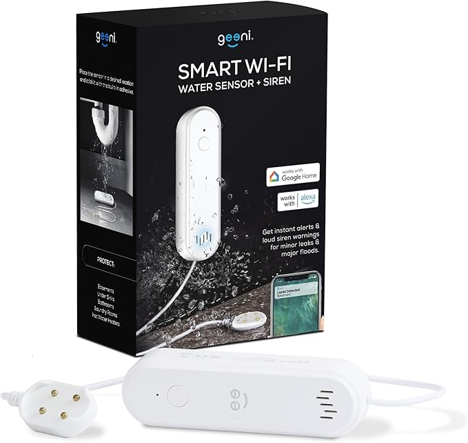Geeni Smart Water Alarm Leak Detector with Siren - 80dB Alarm with App Alerts for Monitoring Kitchen, Bathroom, Basement Flood, Battery-Powered WiFi Moisture Sensor Alexa, Google Home Compatible