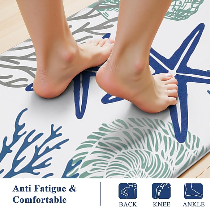 SHACOS Coastal Kitchen Rugs Set of 2 Anti-Fatigue Kitchen Mats Summer Cushioned Mats with Sea Themed White Blue Starfish Shell Coral Tropical Fish 17x27.5+17x47, Coastal Beach