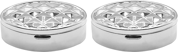 Set of 2 Oval-Shaped Pocket Purse Pill Box & Organizer with Dual Compartments (Silver Texture)