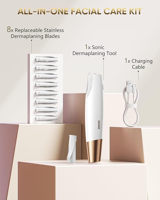 Sonic Smooth Dermaplane for Women Face: Electric Dermaplaning Tool for Flawless Skin - Non-Irritating Peach Fuzz & Facial Hair Remover w/8 Refill Blades&LED Light, Perfect Razor Gift for Her (White)