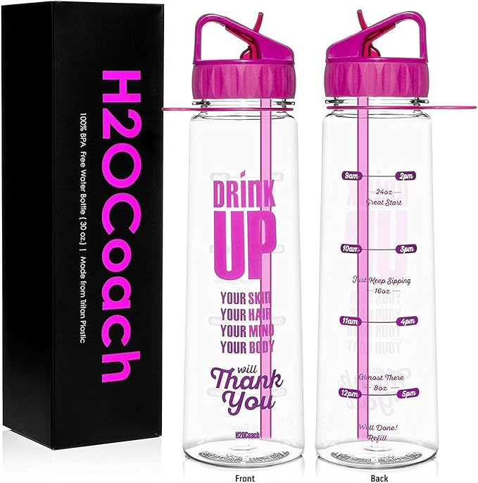 H2OCOACH Motivational Hydration Water Bottle, Fitness Sports Tritan Bottle with Straw, Gym Workout Reminder for Better Hydration Water Intake with Time Marker and Measurements, BPA-Free (30 Oz)