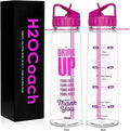 H2OCOACH Motivational Hydration Water Bottle, Fitness Sports Tritan Bottle with Straw, Gym Workout Reminder for Better Hydration Water Intake with Time Marker and Measurements, BPA-Free (30 Oz)