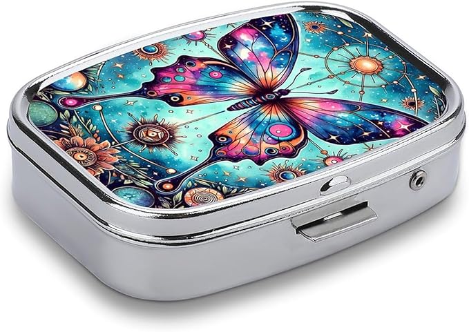 Metal 2 Compartment Pill Organizer Travel Friendly Portable Compact Pill Box Cute Pill Case,for Pocket Wallets Daily Portable Medicine Vitamin Tablet Storage (Butterfly)