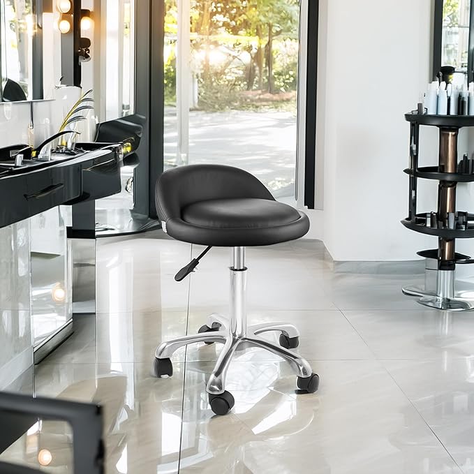 Saloniture Rolling Hydraulic Salon Stool with Low Backrest - Adjustable Swivel Chair for Spa, Shop, Salon, Massage, or Medical Office, Black