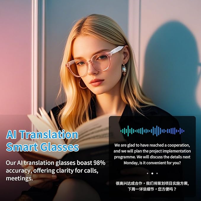 Smart Glasses for Women, AI Translation Bluetooth Glasses, Real-Time Translator, Open Ear Blue Light Filtering Lenses, Supports 165+ Languages, language translator for Traveling Learning(Clear)