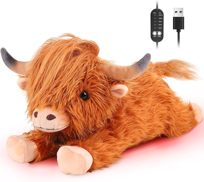Highland Cow Heating Pad for Period Cramps Menstrual Pain Relief, Portable Electric Heat Pads USB Powered, Cute Cows Plush Stuffed Animals Gift, Funny Gifts for Women Teen Girls Birthday Christmas