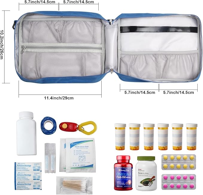 Medicine Bottle Organizer Bag, Large Travel Pill Case Box and Storage, Lockable Vitamins Carrier for Drug, Fish Oil, Medical Supplies (Blue)