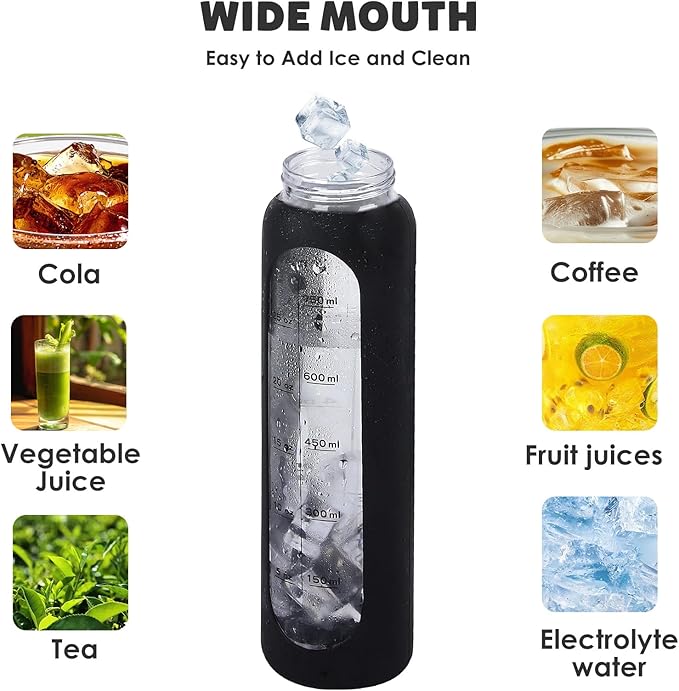 GIEMIT Glass Water Bottles 32oz with Silicone Sleeve Drinking Hydration Bottles Reusable Borosilicate Wide Mouth Motivational Water Flask Canteen with Time Marker Spout Lid and Brush