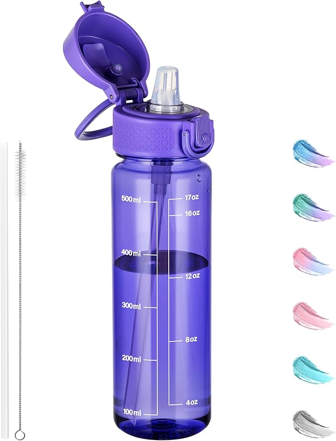 GOPPUS 17oz Kids Water Bottle for School -Straw, Leak-Proof Tritan Sports Bottle Time Marker Reusable for Girls Boys