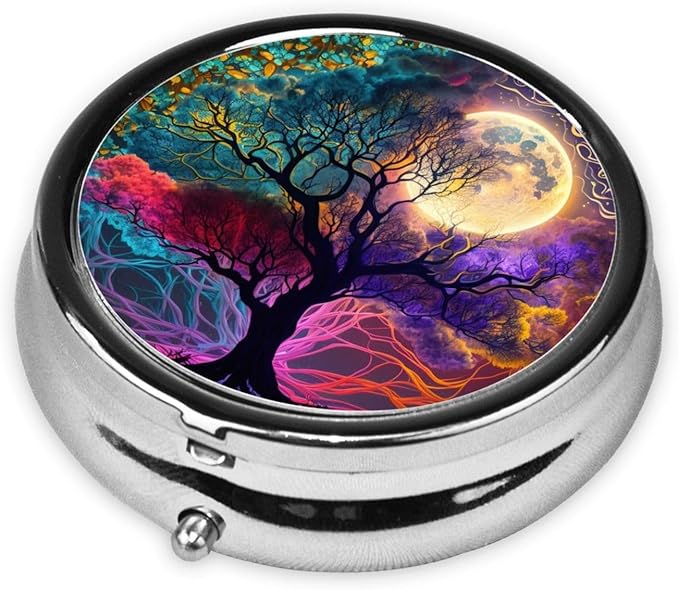 Magic Fantasy Tree Moon Art Print Round Metal Pill Box with 3 Compartment for Pocket or Purse Travel Bag Mini Small Size 2 inche