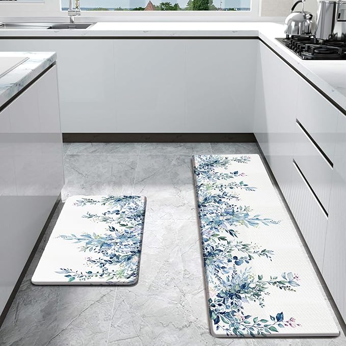 Bulijojo Blue Leaves Anti Fatigue Kitchen Floor Mats Set of 2 Waterproof Kitchen Sink Runner Rug Standing Mat Cushioned Kitchen Rugs Comfort Doormat 17"x47"+17" x30“
