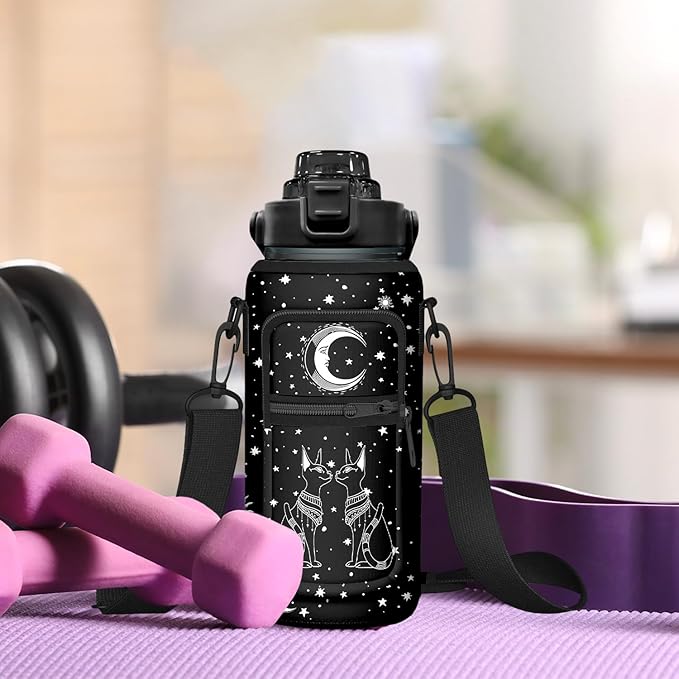 Goth Black Moon Half Gallon Water Bottle with Sleeve -Flip Top Bpa Free 64 OZ - Motivational Time Marker Leakproof Water Jug - Goth Gifts for Women - Halloween Moon for Gifts
