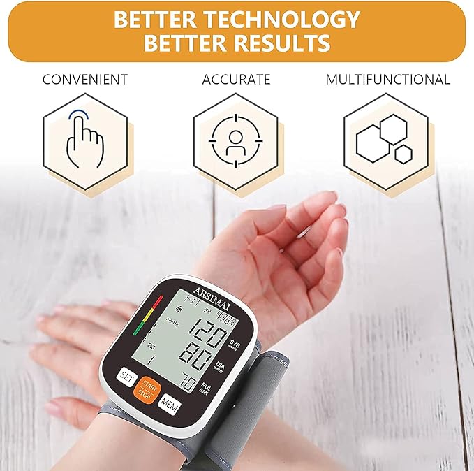 Automatic Wrist Blood Pressure Monitor: Adjustable Cuff + 2AAA Battery and Storage Case - Irregular Heartbeat Detector & 198 Readings Memory Function & Large LCD Screen