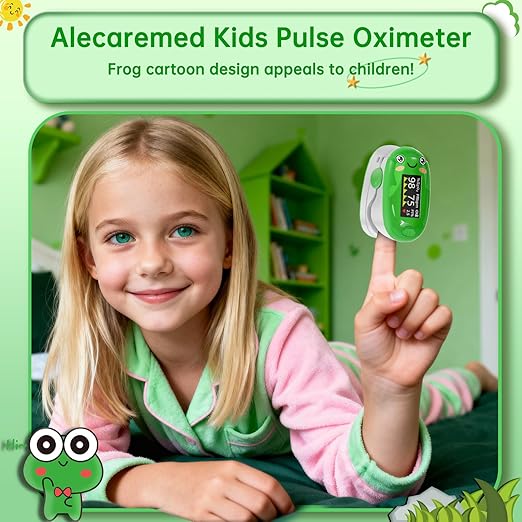 Pulse Oximeter for Kids, Adorable Animal Children Oxygen Monitor Fingertip with 20 × Memory, 4 Color OLED Display Blood Oxygen Saturation Monitor with Alarm, Batteries and Lanyard (Green)