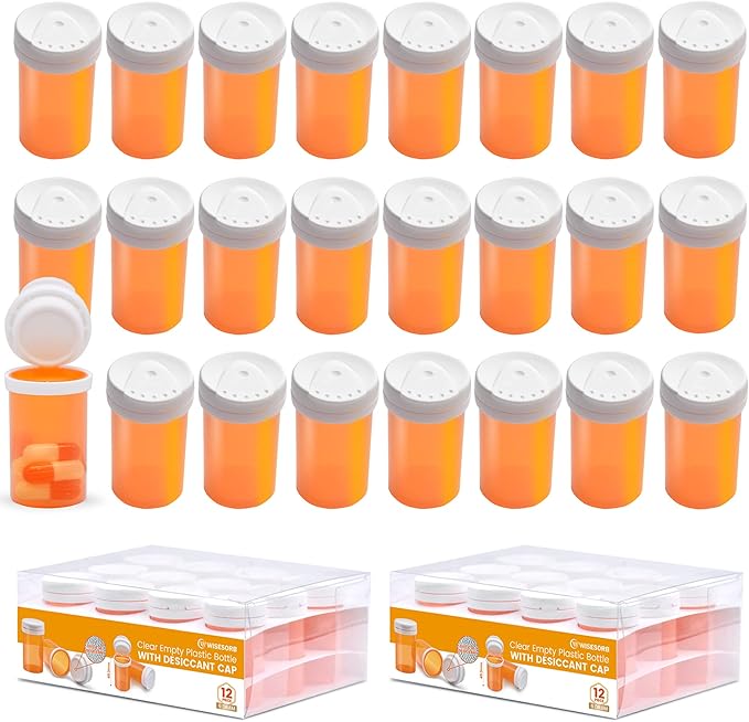 Pill Bottle with Desiccant Cap, Medicine Bottle, Pill Bottles Empty with Caps, Empty Pill Bottles (6 Dram, 24 Pack)