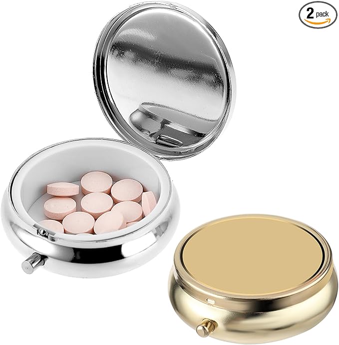 2Pcs Pill Box Small Pill Case for Purse or Pocket, Portable Cute Pill Container Metal Pill Box Decorative Medicine, Vitamin, Fish Oil and Supplements Holder Organizer (Silver&Gold)