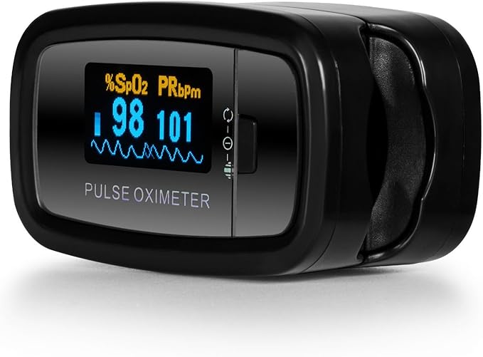 AccuMed CMS-50D1 Fingertip Pulse Oximeter Blood Oxygen Sensor SpO2 for Sports and Aviation. Portable and Lightweight with LED Display, 2 AAA Batteries, Lanyard and Travel Case (Black)