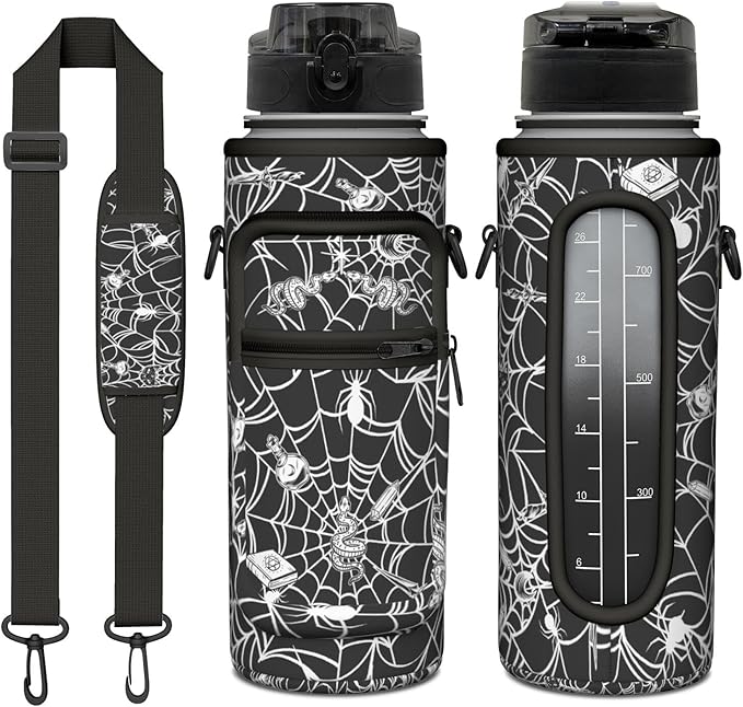 Halloween Half Gallon Water Bottle with Sleeve - Flip Top Bpa Free 32 OZ - Motivational Time Marker Leakproof Water Jug - Gothic Witchy Gifts for Women - Spider Web Snake for Gifts