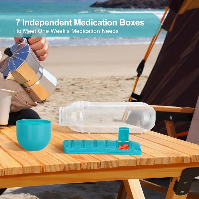 Portable Pill Box Water Cup,2 in 1 Water Bottle pill Box Storage Box,20 oz Daily Sports Water Bottle with Pill Box Organizer 7 Days Capsule Organizer