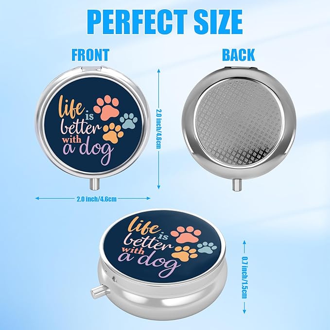 Dog Paw Pill Case, Live is Better with a Dog Pill Box 3 Compartments Metal Small Pill Holder with Mirror Mini Travel Pill Container for Purse Pocket Women Men