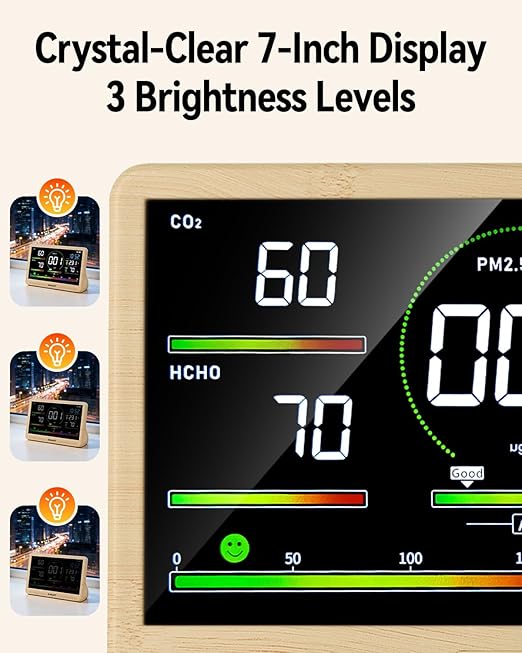 16-in-1 Air Quality Monitor Indoor, 7' Smart Large Display 9 AQI+7 Alarm Alerts, Real Time CO2, Formaldehyde, TVOC, PM2.5, PM10, Temperature & Humidity Portable Battery Powered Tester for Home, Office