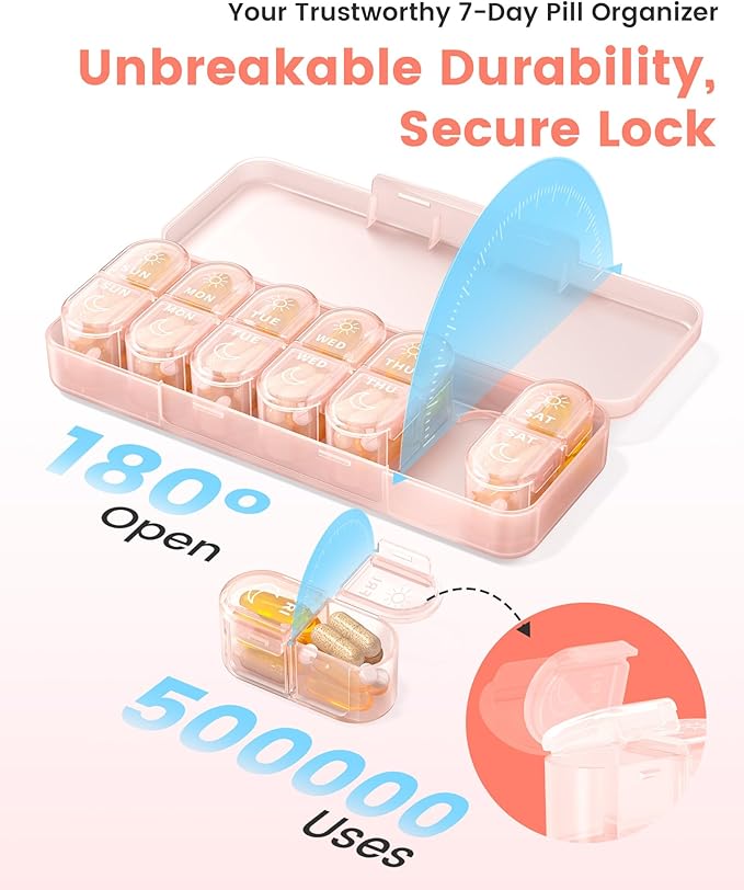 Weekly Pill Organizer 2 Times a Day, Daily AM PM Pill Box Case 7 Day with Large Openings for Easy to Use, Travel Medicine Container for Medication, Vitamins, Supplements - Pink