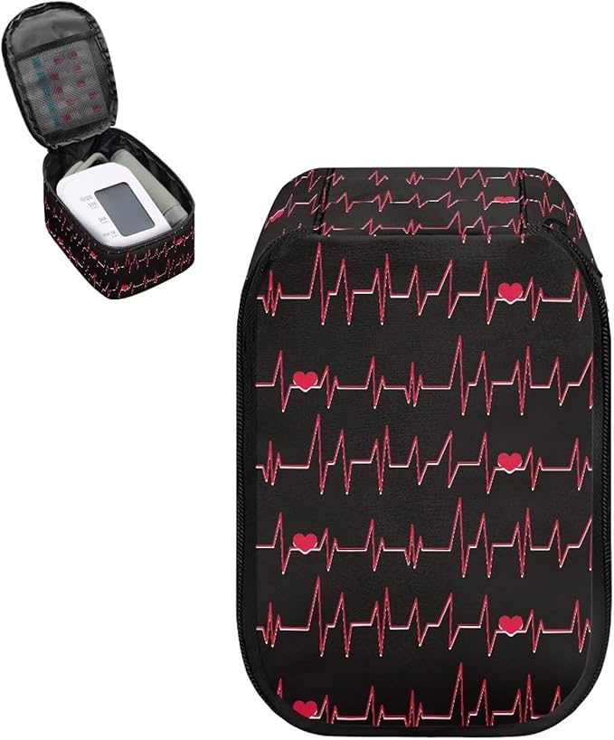 Heartbeat Print Blood Pressure Monitor Case with Mesh Pockets Portable Travel Storage Case for Blood Pressure Monitor and Accessories