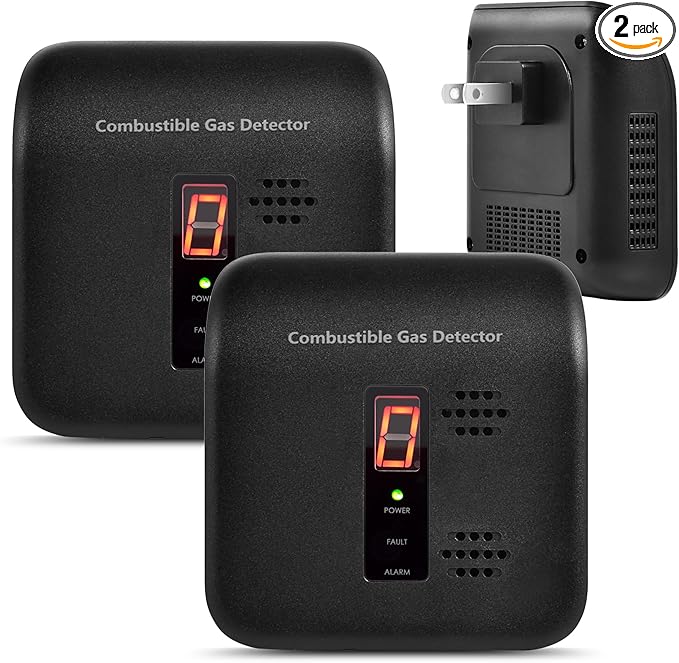 Gas Leak Detector, 2 Pack Natural Gas Alarm for Home & RV, Plug-in Propane Detector Monitor with Audible & Visual Alarm, AC 120V-240V, Black Color