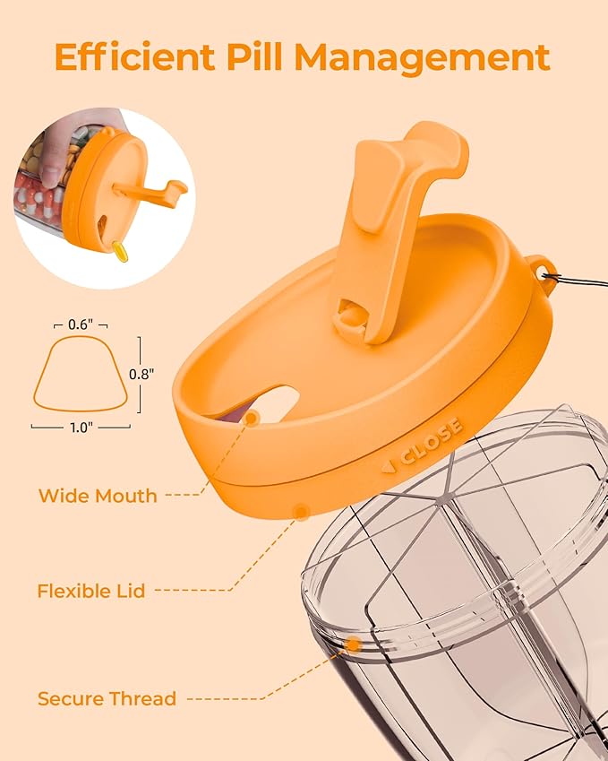 Cute Pill Dispenser with 7 Large Compartments, Portable Pill Bottle Organizer with Wide Opening for Easy Use, Anti-Mix Pill Organizer for Travel, BPA-Free Pill Container, Orange