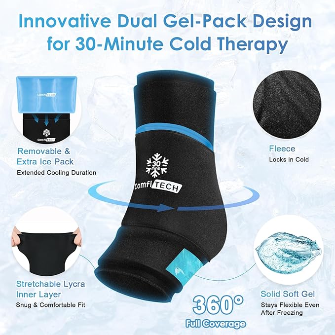 ComfiTECH Dual-Gel Ankle Ice Pack Wrap with Extended 30-Minute Cooling, Detachable Ice Pack & Flexible Reusable Gel Ice Sleeve Brace for Plantar Fasciitis, Achilles Tendonitis, S, 2 Packs