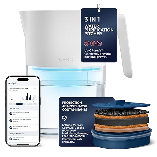 LARQ PureVis 3-in-1 Water Pitcher – Purifier, Filter & Tracking, 8-Cup Water Purifier Pitcher with Advanced Filter for Clean & Crisp Water – Removes Chlorine, PFAS, Lead & More – Pure White