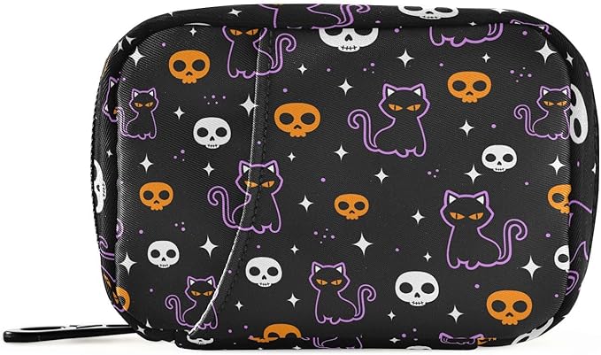 Halloween Skulls and Black Cat Pill Box 7 Day Pill Case Travel Pill Organizer Bag Container for Medicine with Zipper Portable Weekly Case Compact Size for Medicine, Vitamin, Supplement