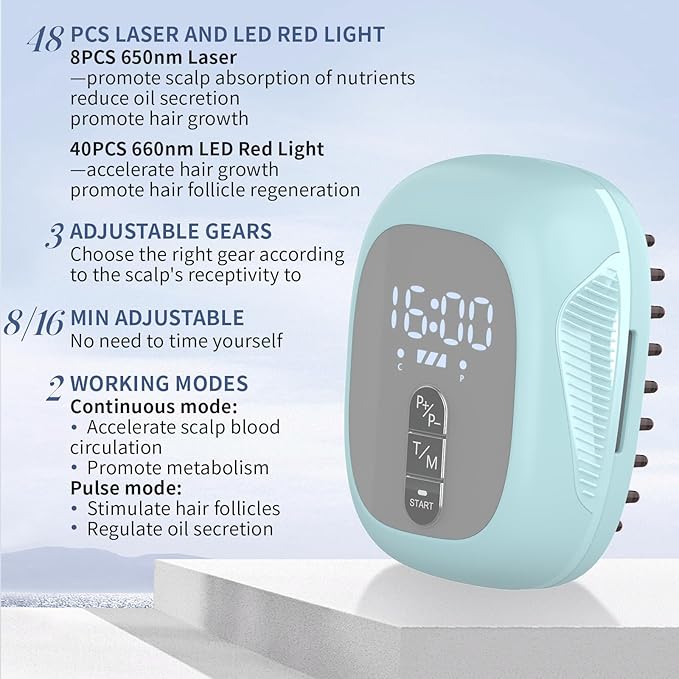 Laser Therapy Hair Growth Comb, Home Use Red Light Device, Rechargeable, Laser Hair Growth Treatment for Men and Women
