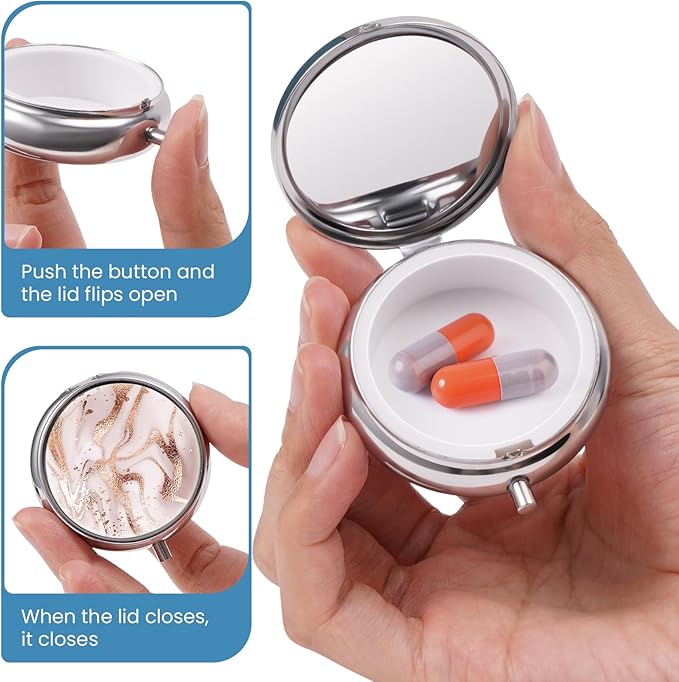 Mini Pill Box, Small Pill Box, Portable Pill Box, Cute Pill Organizer for Vitamins, Medications, Fish Oil and Supplements (Golden Marble)