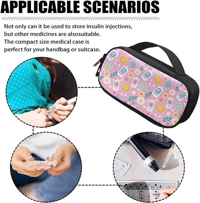 Rnyleeg Pink Diabetic Bags for Supplies Cute Sun Flowers Insulin Bag for Women Small Diabetic Supplies Storage for Home Medicine Carrying Case Glucose Meter Cases