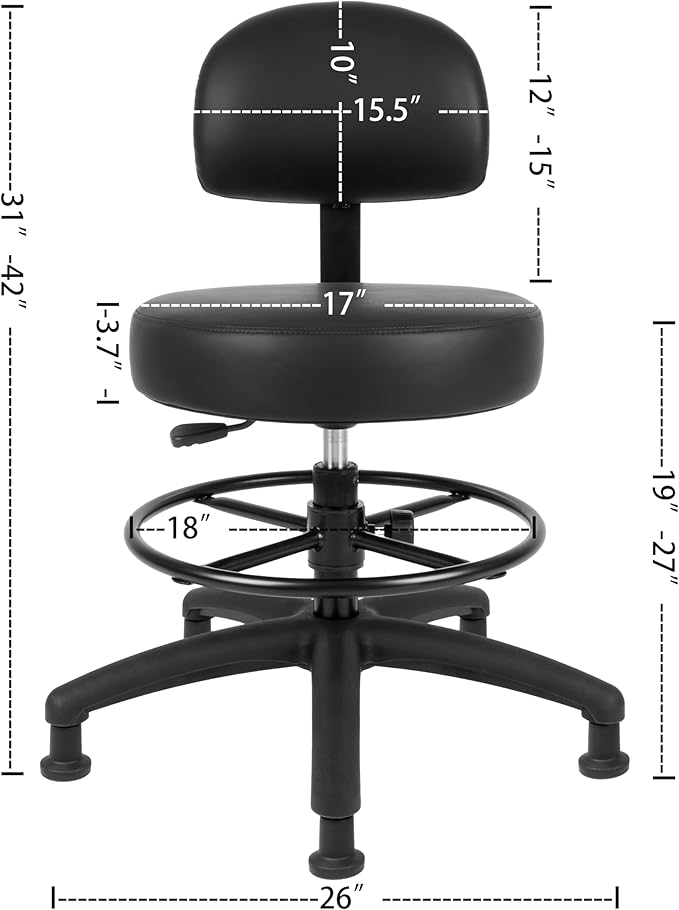 TAKE UR SEAT® Economical Multi-Purpose Medical Spa Drafting Stool with Adjustable seat and Back Height. Advanced Fabric seat Cover is Easy to Clean. Glide (Med. Bench Height Black)