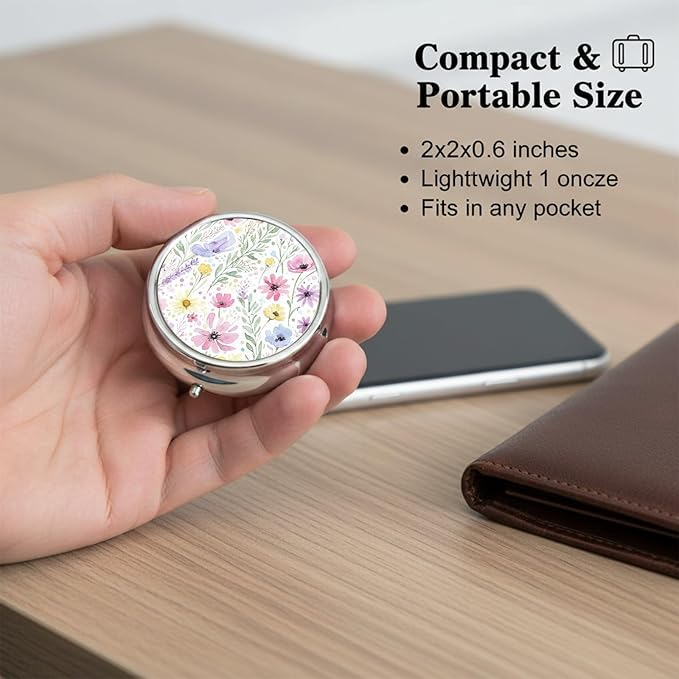 Round Pill Case Small Pill Box with Mirror Pocket 3 Compartment Vitamin Pill Medicine Case Organizer Pill Containers for Traveling Oil-Painted Wildflowers Two