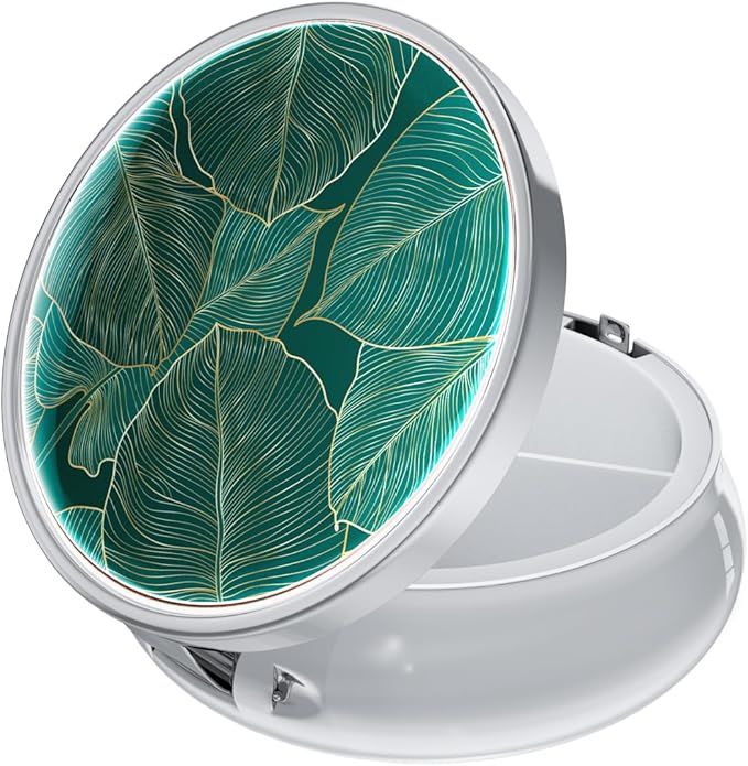 Rouidr Pill Box, 3 Compartment Medicine Pill Case, Small Metal Travel Medicine Box for Purse & Pocket, Silver, Tropical Leaf