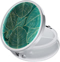 Rouidr Pill Box, 3 Compartment Medicine Pill Case, Small Metal Travel Medicine Box for Purse & Pocket, Silver, Tropical Leaf